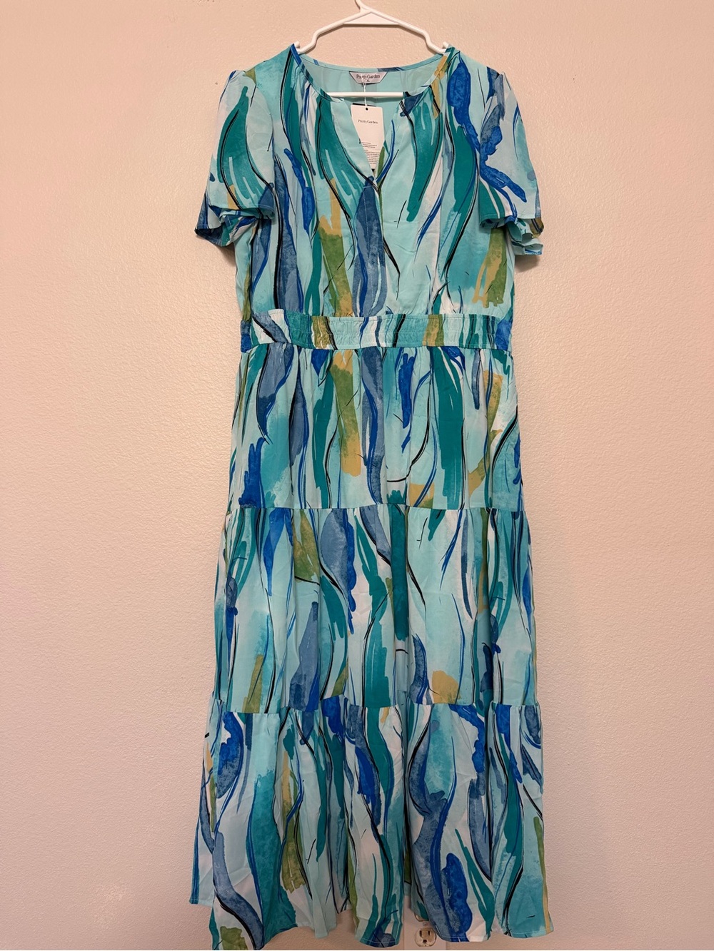 Teal Brushstroke Maxi Dress - Lightweight Tiered Summer Dress